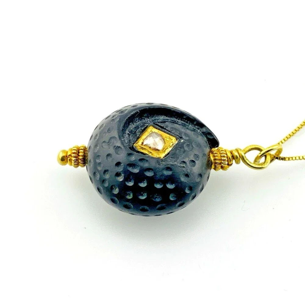 OOAK Vintage Carved Black Bead Diamond 14K Gold Artist Pendant